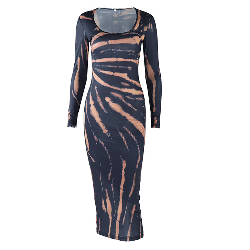 Chic Fall Statement: Long Sleeve Bleached Tiger Print Bodycon Maxi Dress