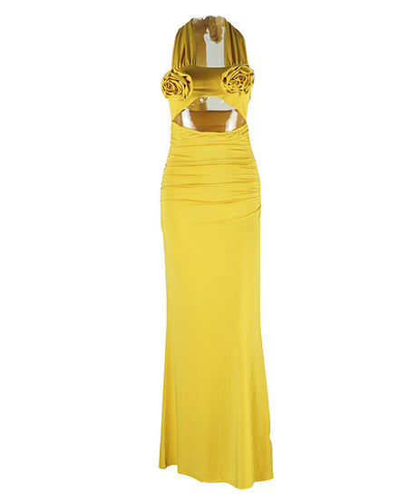 Chic Black Halter Cut-Out Maxi Gown with Rose Appliques – Your Ultimate Holiday Party & NYE Statement Piece