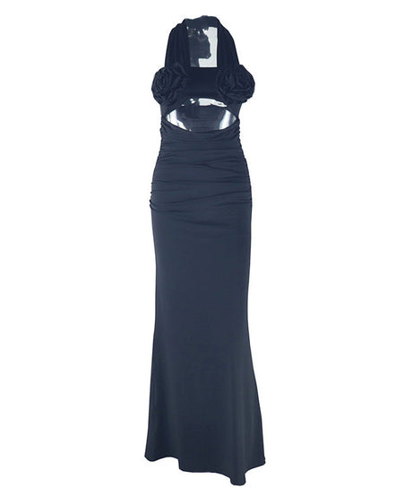 Chic Black Halter Cut-Out Maxi Gown with Rose Appliques – Your Ultimate Holiday Party & NYE Statement Piece