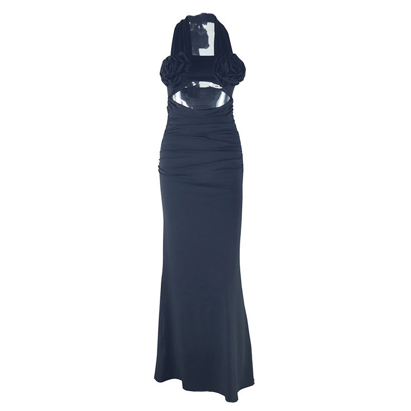Chic Black Halter Cut-Out Maxi Gown with Rose Appliques – Your Ultimate Holiday Party & NYE Statement Piece