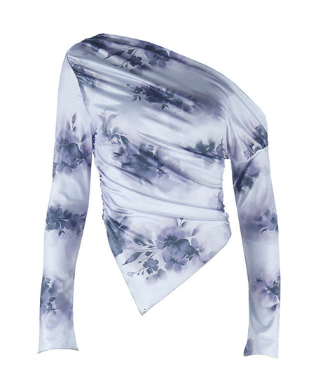 Chic Autumn Bloom One-Shoulder Asymmetrical Top | Long Sleeve Lavender Floral Blouse