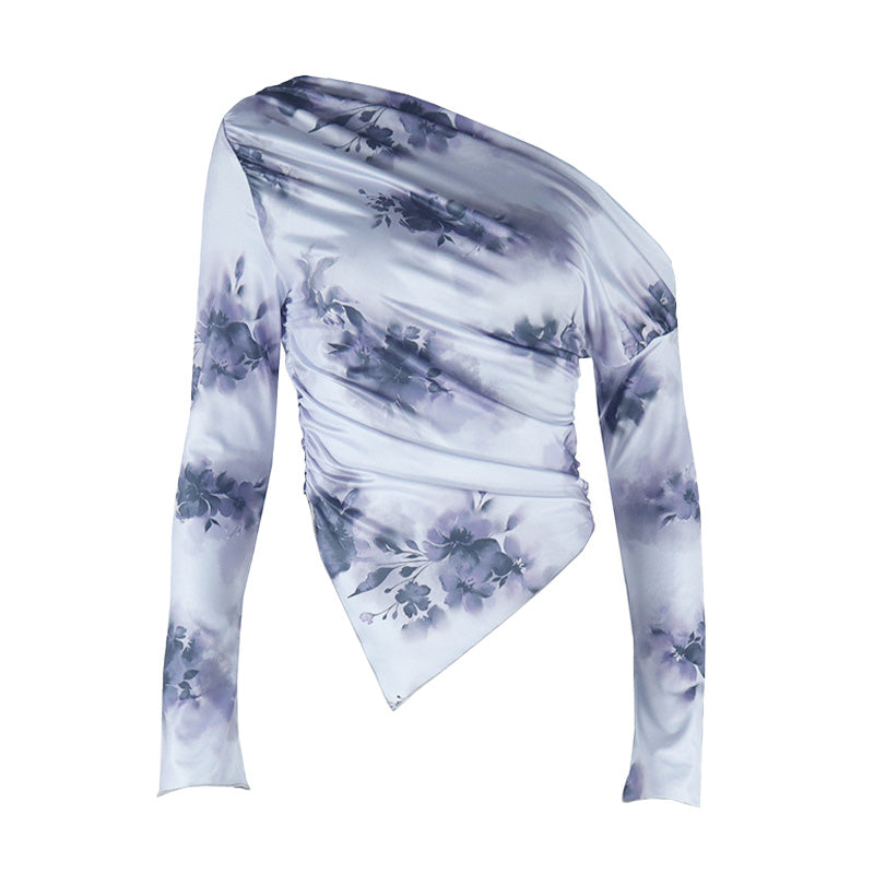 Chic Autumn Bloom One-Shoulder Asymmetrical Top | Long Sleeve Lavender Floral Blouse