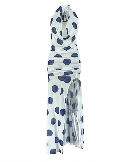 Chic Polka Dot Halter Maxi Dress - Ruched Mesh & High Slit for Fall Getaways