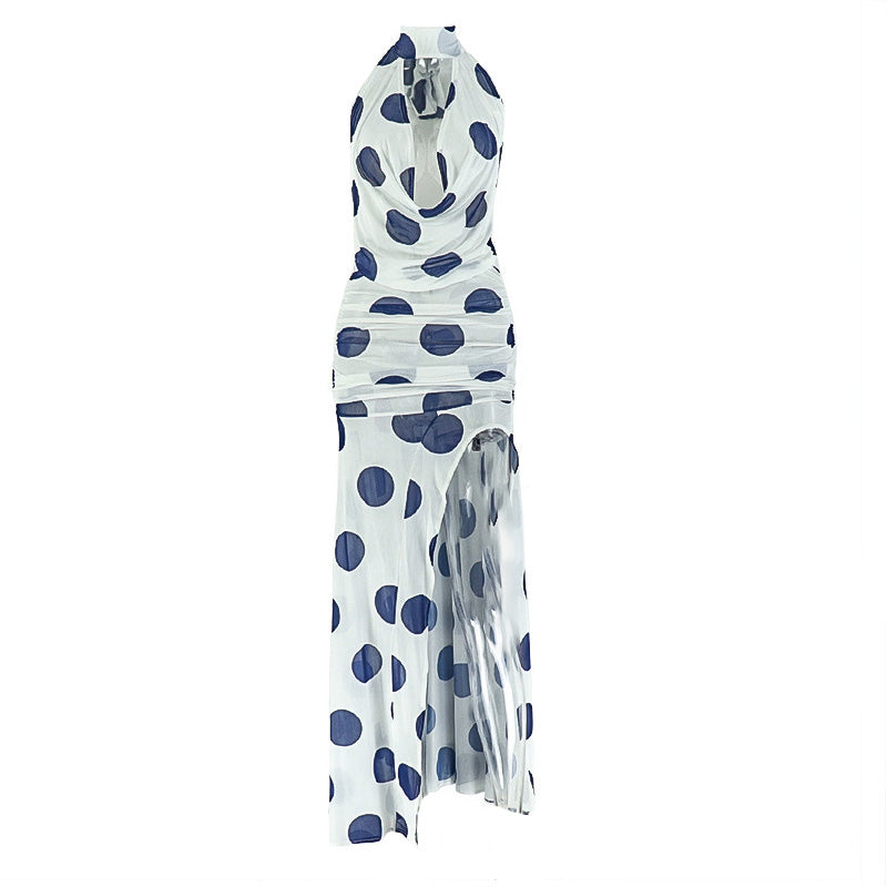 Chic Polka Dot Halter Maxi Dress - Ruched Mesh & High Slit for Fall Getaways