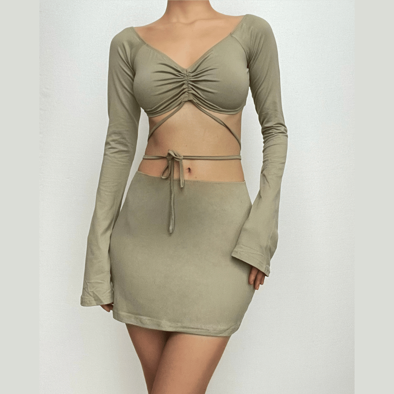Fall Night Out Ready: Chic Off-Shoulder Cut-Out Mini Skirt Set with Drawstring Detail