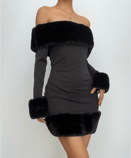 Glamorous Faux Fur Off-Shoulder Mini Dress | Your Must-Have Black Holiday Party Look