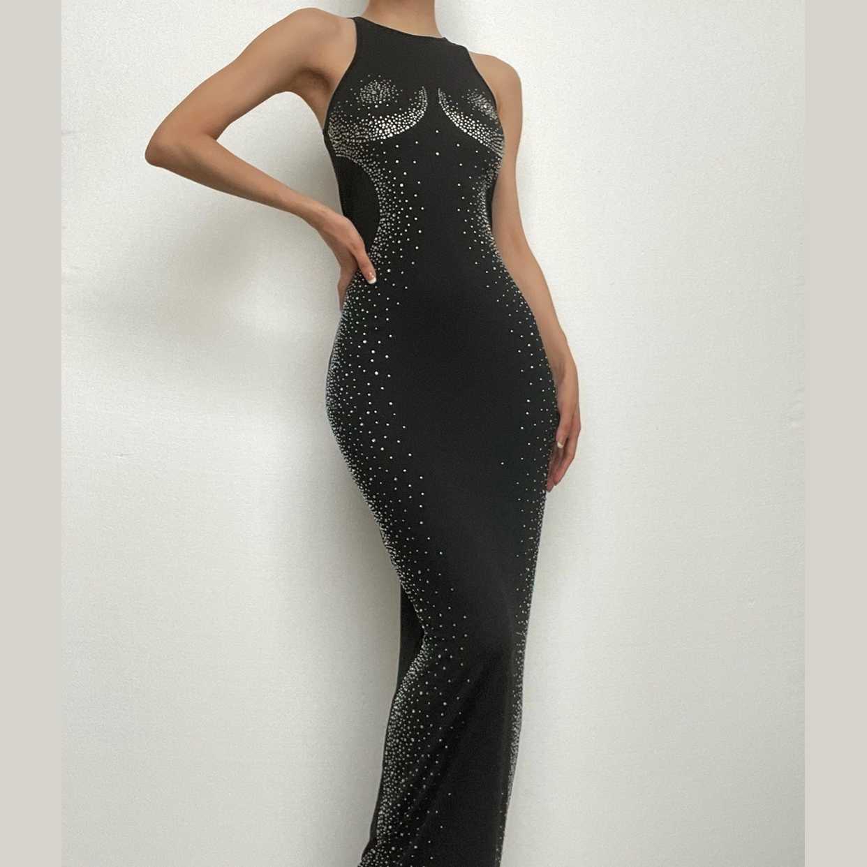 Dazzling Rhinestone Embellished Black Maxi Dress - Holiday Gala & New Year's Eve Glamour