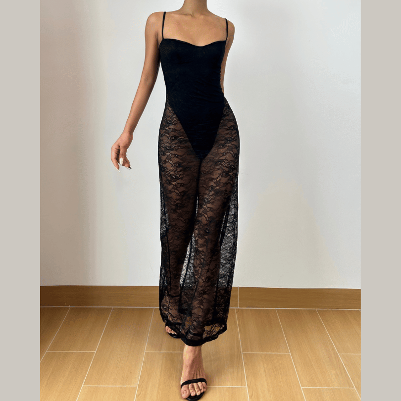 Dare to Dazzle: Black Lace Sheer Maxi Dress - Cami Style for Fall & Holiday Glamour