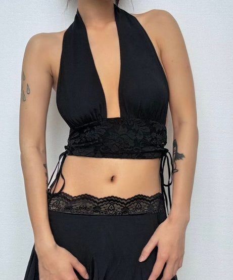 Sultry Black Lace Halter Crop Top – Your Perfect Pick for Fall Nights & Party Season