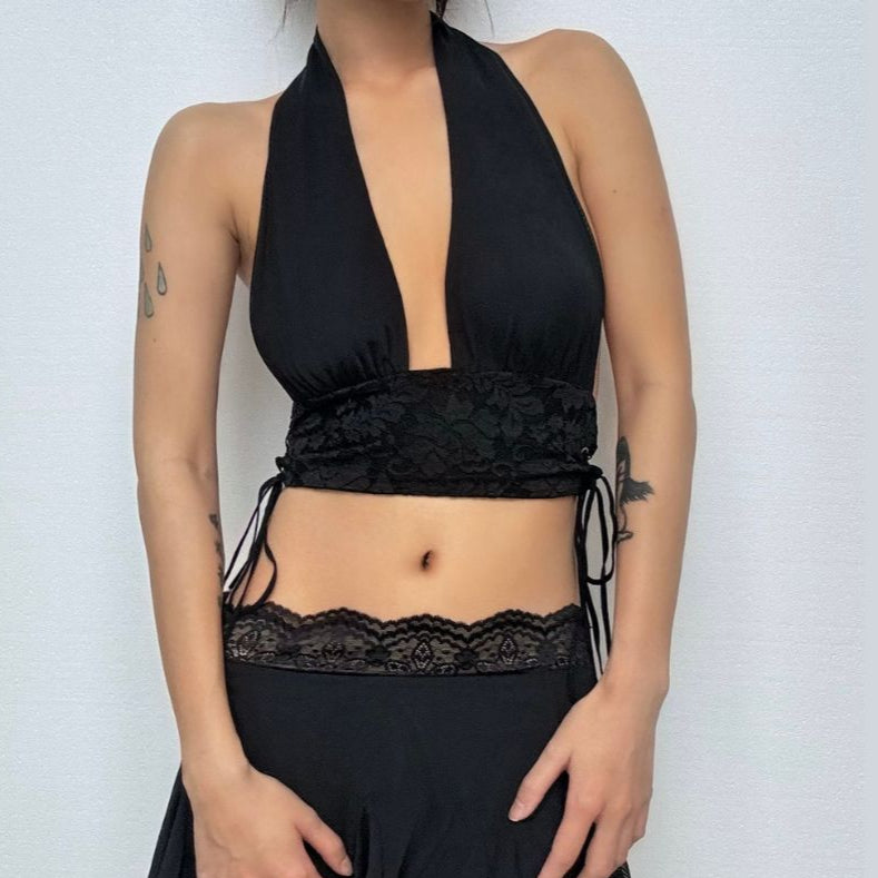 Sultry Black Lace Halter Crop Top – Your Perfect Pick for Fall Nights & Party Season