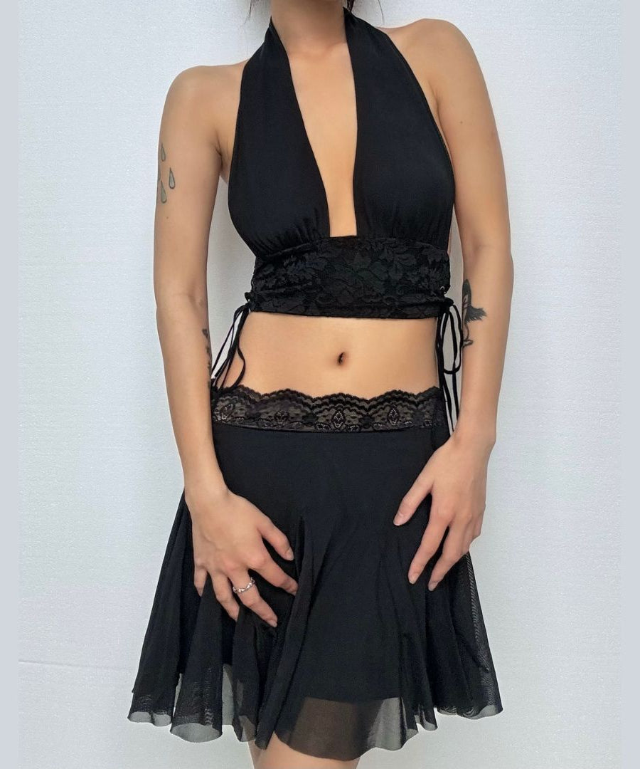 Fall Chic: Black Lace Trim Mesh Mini Skirt - A-Line Flounce for Women
