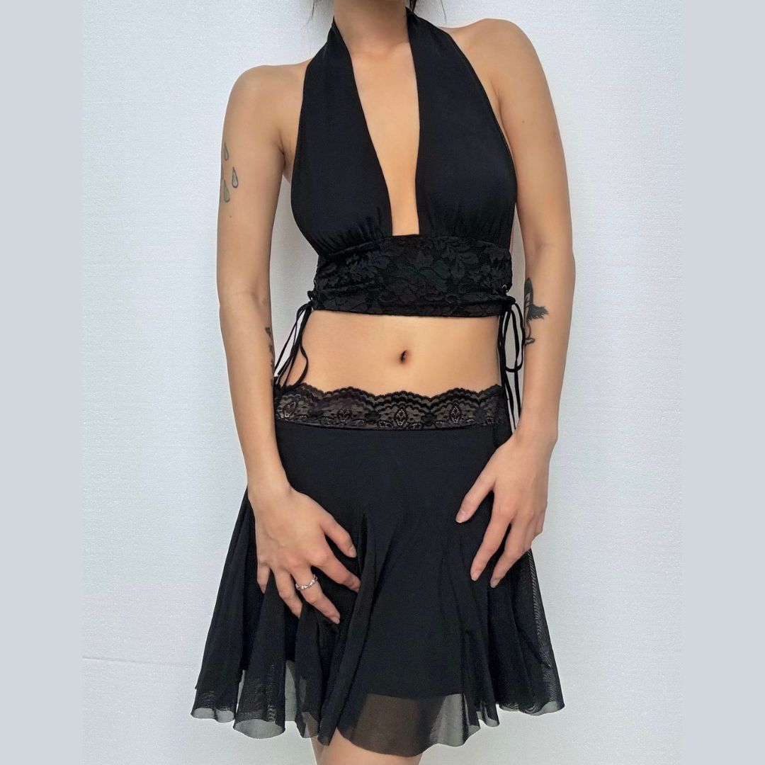Fall Chic: Black Lace Trim Mesh Mini Skirt - A-Line Flounce for Women