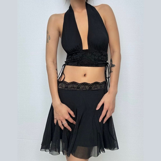 Fall Chic: Black Lace Trim Mesh Mini Skirt - A-Line Flounce for Women