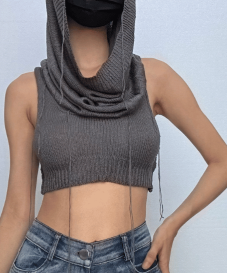 Edgy Knit Sleeveless Hooded Crop Top for Fall – Chic Streetwear Essential