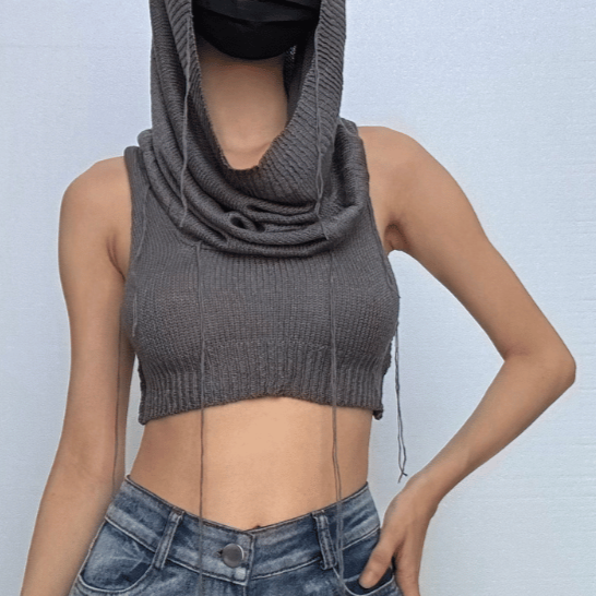 Edgy Knit Sleeveless Hooded Crop Top for Fall – Chic Streetwear Essential