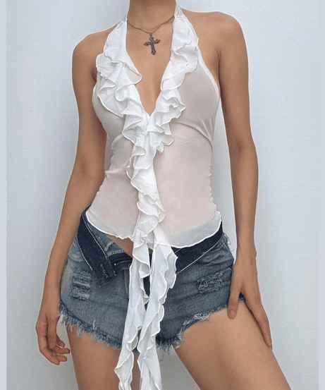 Y2K Inspired Sheer Ruffle Halter Crop Top - Flirty V-Neck Mesh Top for Fall Nights & Vacations