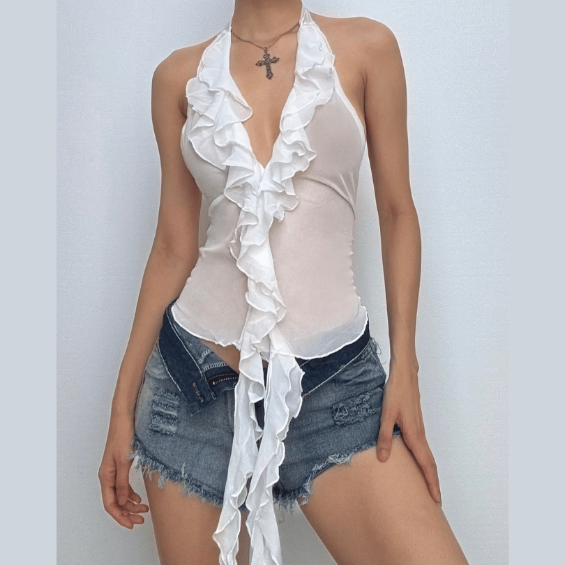 Y2K Inspired Sheer Ruffle Halter Crop Top - Flirty V-Neck Mesh Top for Fall Nights & Vacations