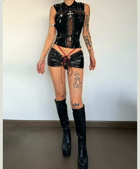 Daring Edge: Gothic Safety Pin & Cross Mesh Tank Top - Fall Concert & Halloween Ready
