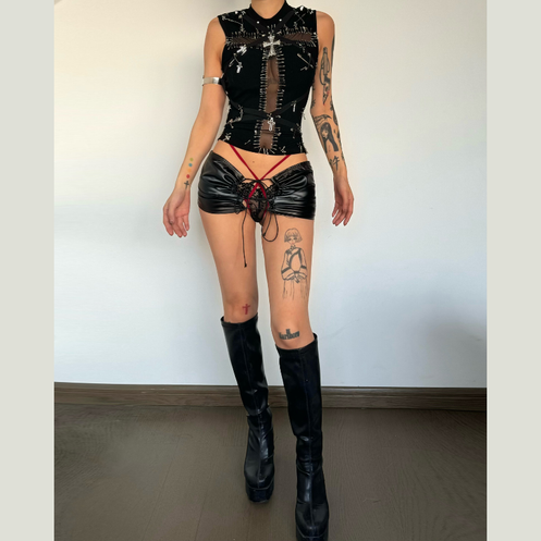 Daring Edge: Gothic Safety Pin & Cross Mesh Tank Top - Fall Concert & Halloween Ready