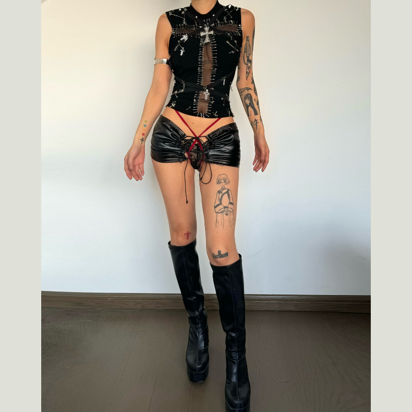 Daring Edge: Gothic Safety Pin & Cross Mesh Tank Top - Fall Concert & Halloween Ready