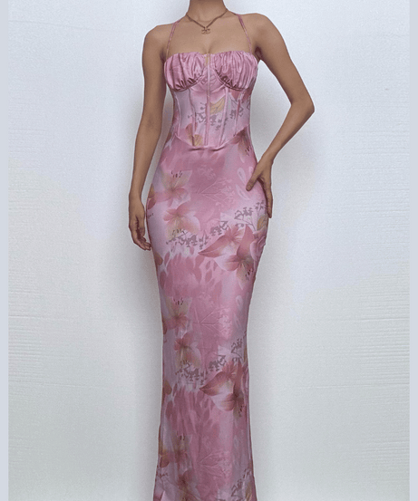 Effortless Chic: Pink Floral Halter Maxi Dress - Ruched Bustier & Corset Style for Fall Getaways & Events