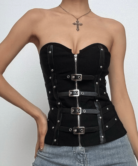 Rebel Chic Buckle & Zip Corset Top | Edgy Strapless Bustier for Fall & Halloween