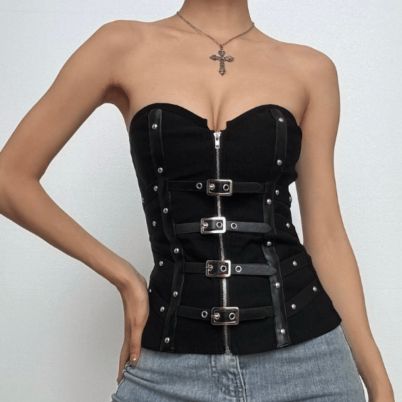 Rebel Chic Buckle & Zip Corset Top | Edgy Strapless Bustier for Fall & Halloween
