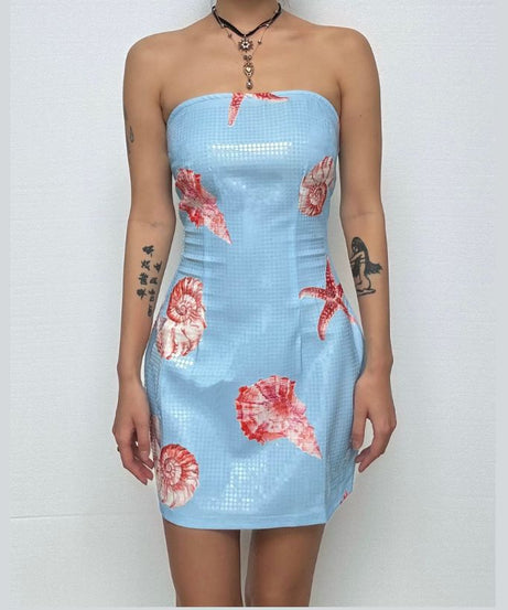 Y2K Mermaidcore Shimmer Seashell & Starfish Tube Mini Dress - Tropical Getaway & Halloween Party Ready!