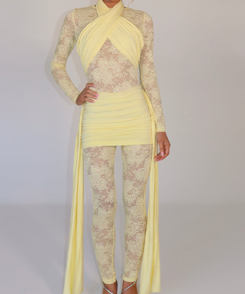 Blush Pink Lace & Ruched Jumpsuit - Daring Long Sleeve Party & Holiday Glam