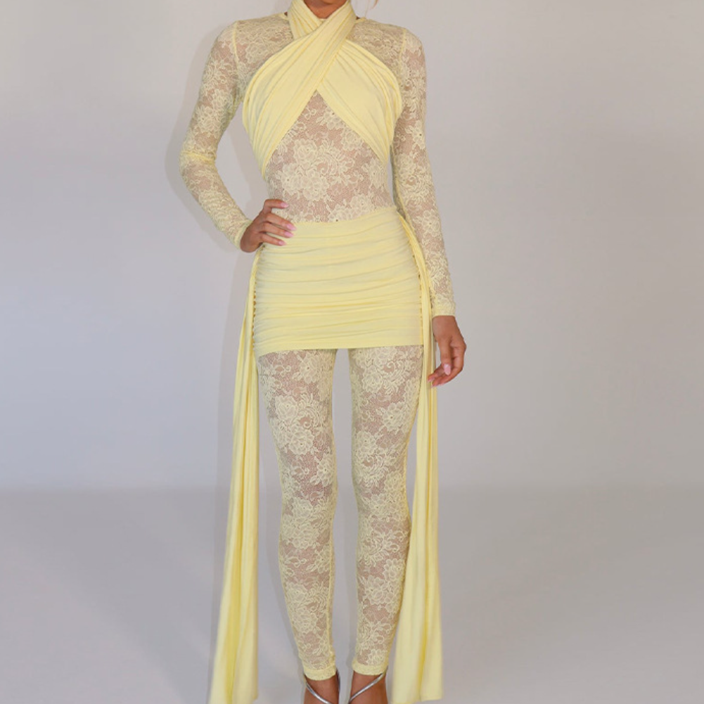 Blush Pink Lace & Ruched Jumpsuit - Daring Long Sleeve Party & Holiday Glam