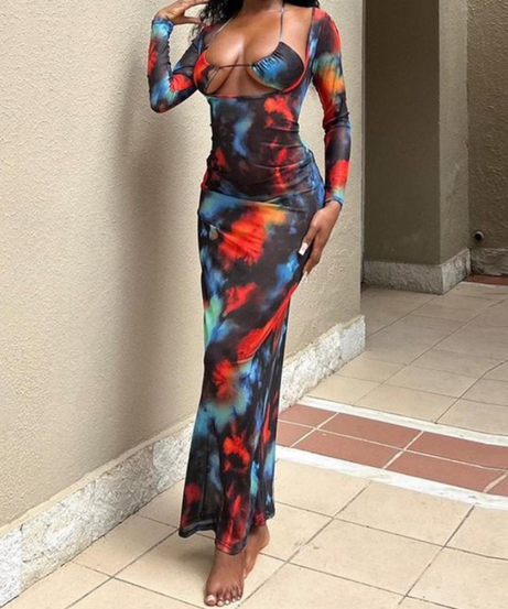Radiant Tie-Dye Long Sleeve Cutout Maxi Dress - Fall & Holiday Statement