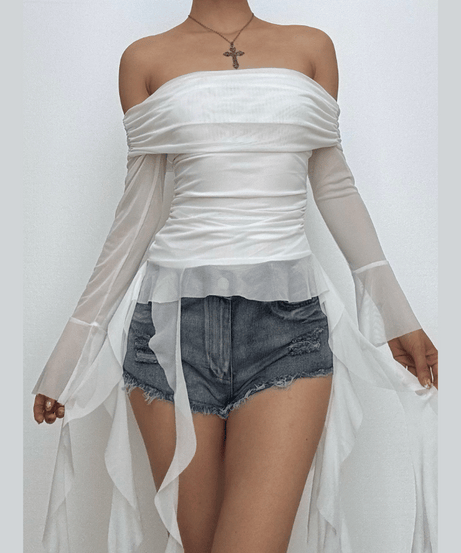 Dreamy Angelic Off-Shoulder Ruffle Tunic Top - Sheer Mesh Long Sleeves for Enchanting Fall Style