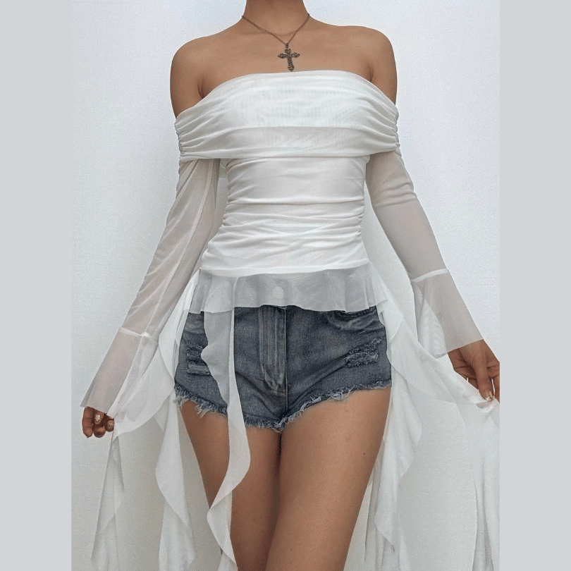 Dreamy Angelic Off-Shoulder Ruffle Tunic Top - Sheer Mesh Long Sleeves for Enchanting Fall Style