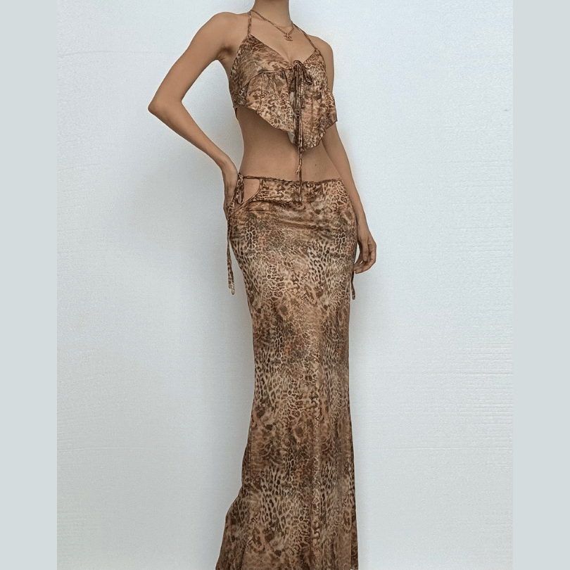 Fierce Y2K Leopard Print Halter Crop Top & Maxi Skirt Set - Fall Getaway & Night Out Chic