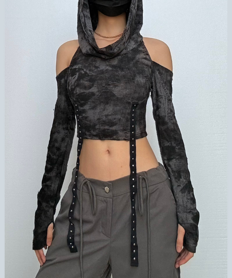 Mystique Velvet Cold Shoulder Cropped Hoodie | Edgy Studded Gothcore Top for Fall & Halloween