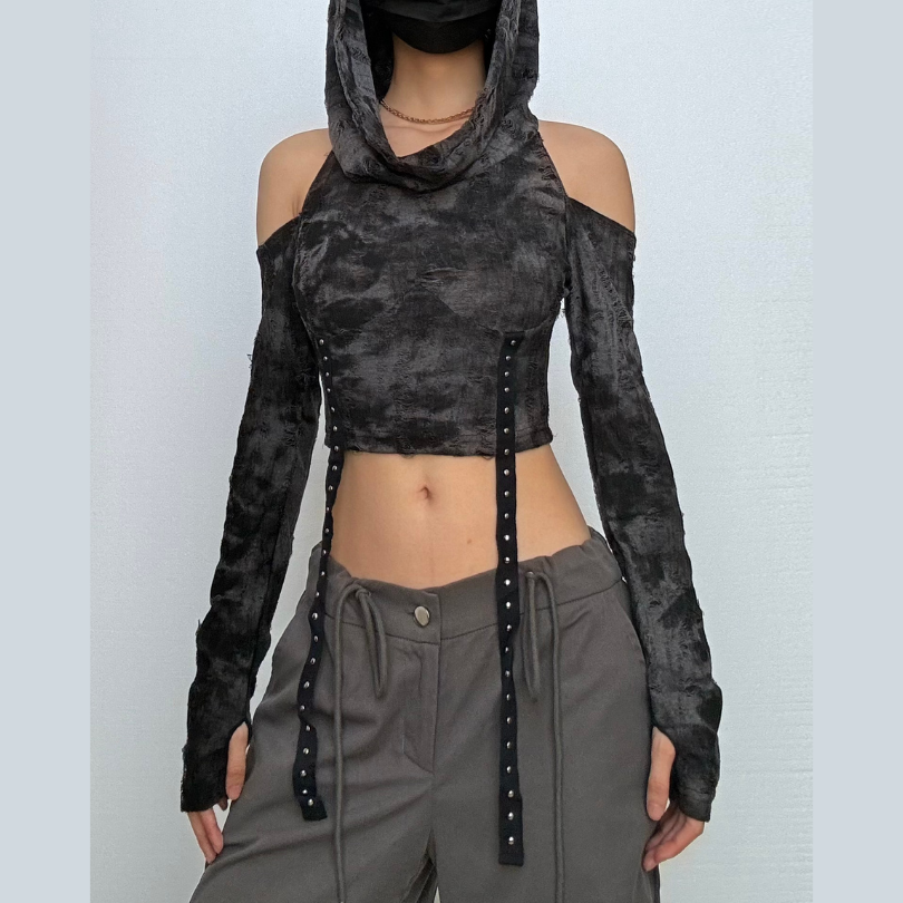 Mystique Velvet Cold Shoulder Cropped Hoodie | Edgy Studded Gothcore Top for Fall & Halloween