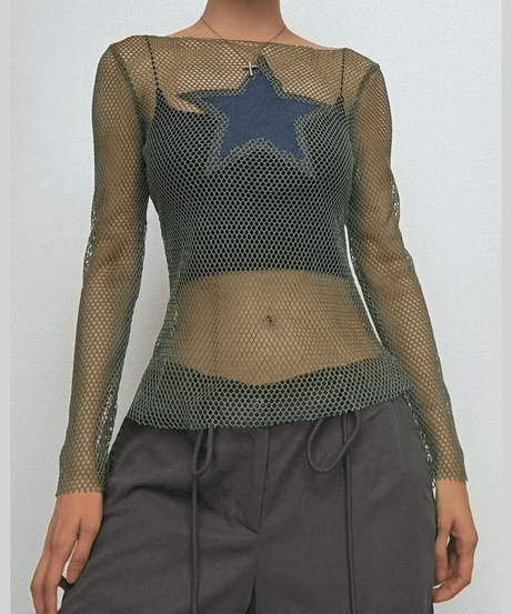 Y2K Grunge Star Mesh Long Sleeve Top - Edgy Fall Layering & Festival Chic for Women