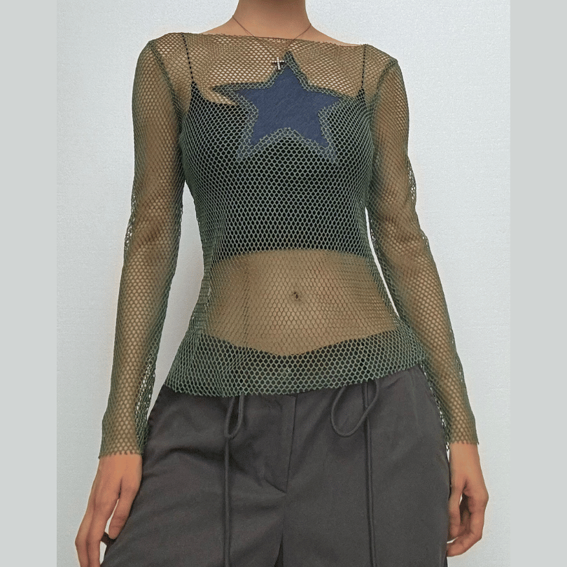 Y2K Grunge Star Mesh Long Sleeve Top - Edgy Fall Layering & Festival Chic for Women