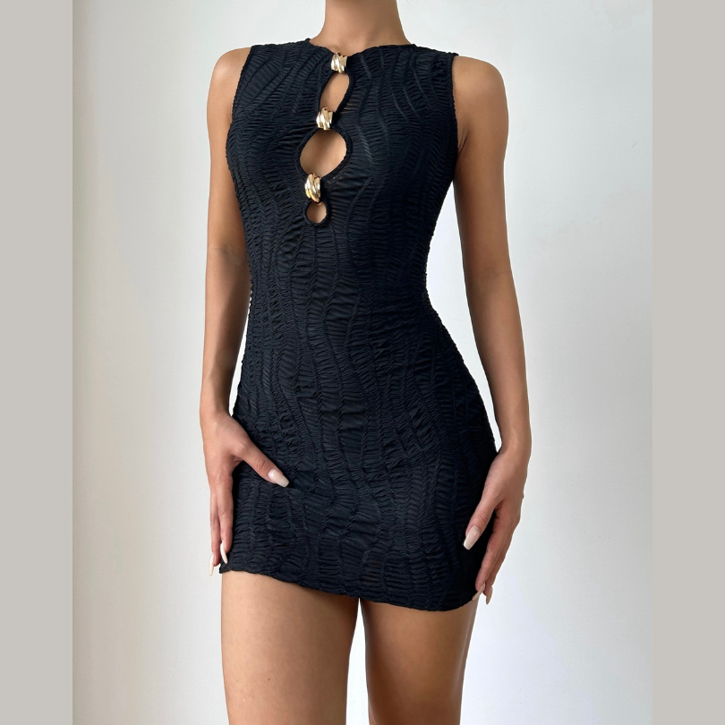 Dazzle & Shine: Black Ruched Cutout Mini Dress with Gold Hardware | Fall & Holiday Party Perfect