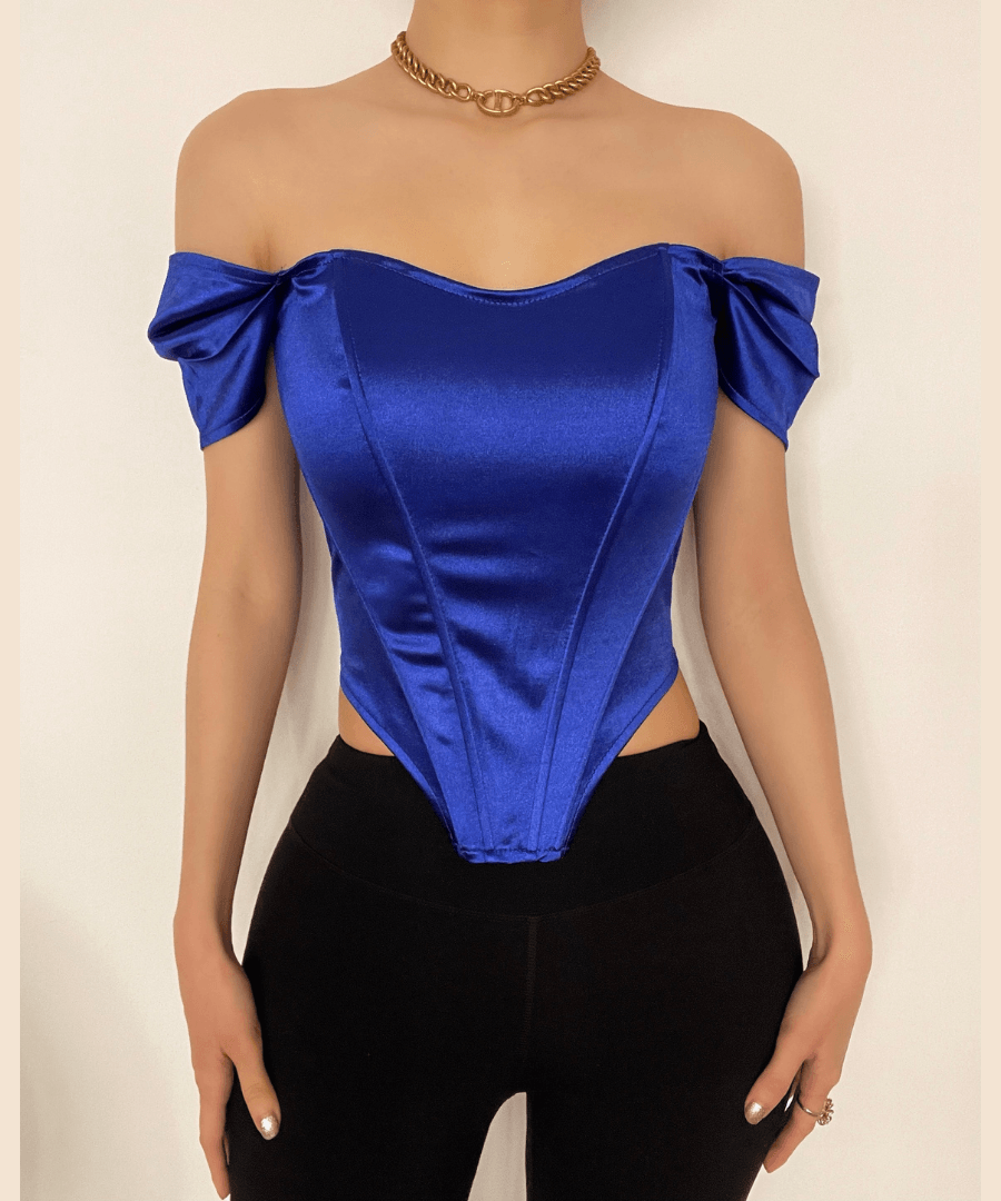 Radiant Royal Blue Satin Off-Shoulder Corset Top - Your Chic Fall & Holiday Statement