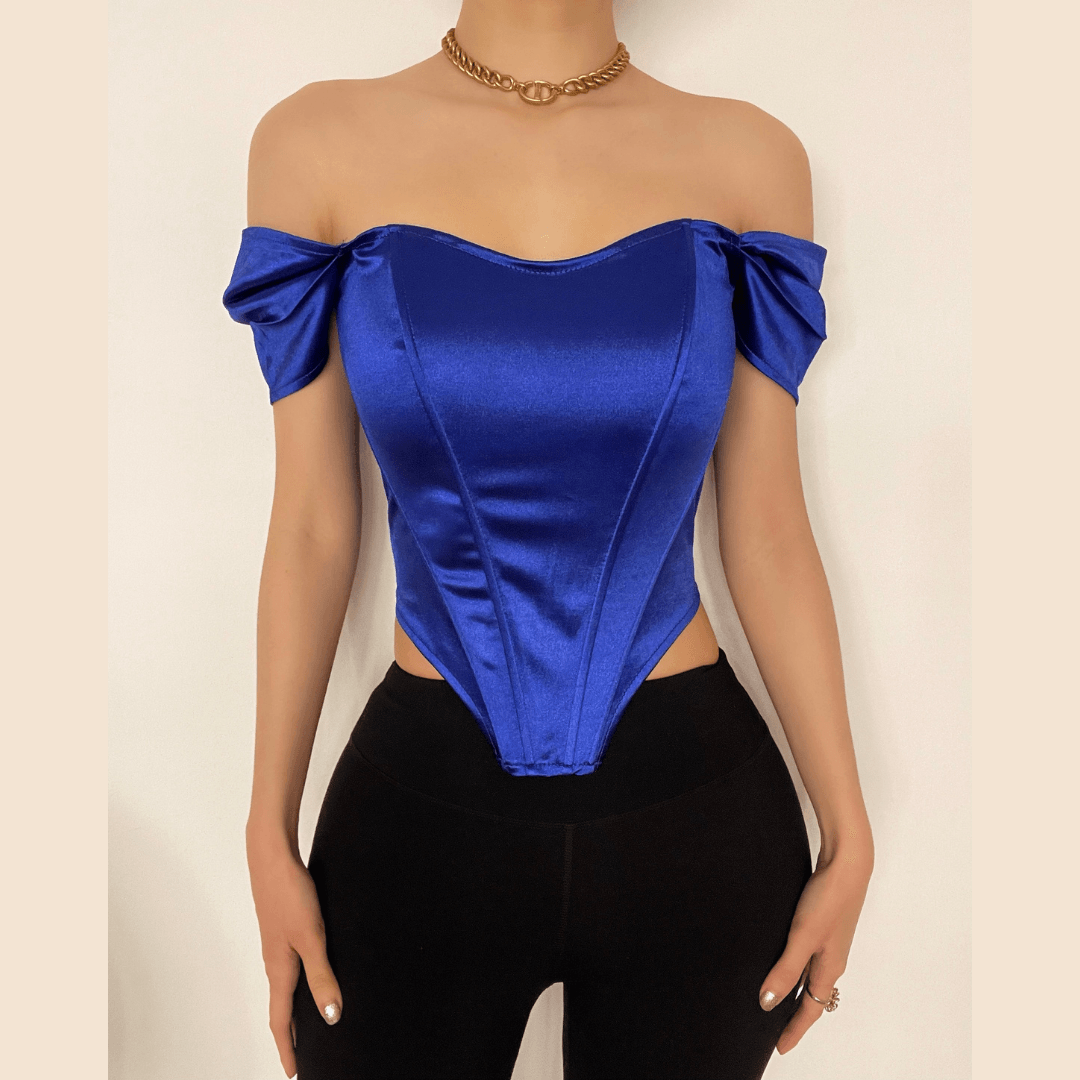 Radiant Royal Blue Satin Off-Shoulder Corset Top - Your Chic Fall & Holiday Statement