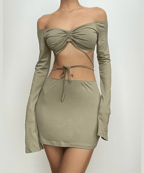 Fall Night Out Ready: Chic Off-Shoulder Cut-Out Mini Skirt Set with Drawstring Detail