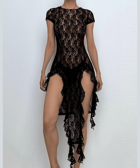 Obsidian Allure: Black Lace Ruffle High-Slit Mini Dress - Fall & Holiday Party Ready