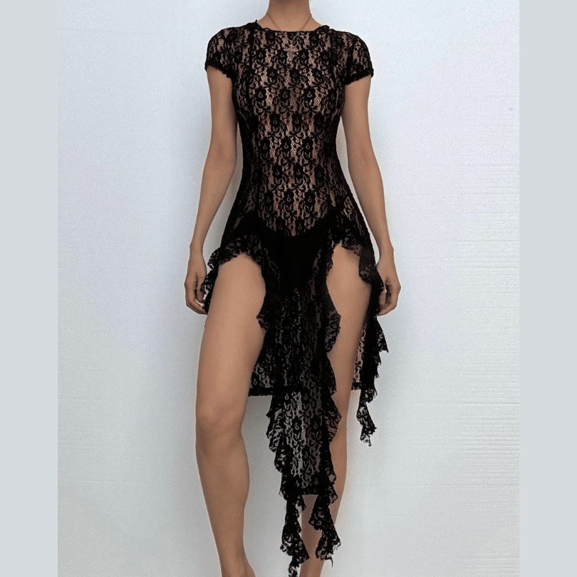 Obsidian Allure: Black Lace Ruffle High-Slit Mini Dress - Fall & Holiday Party Ready