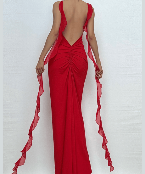 Siren Red Backless Ruffle Maxi Dress - Holiday Gala & Fall Elegance