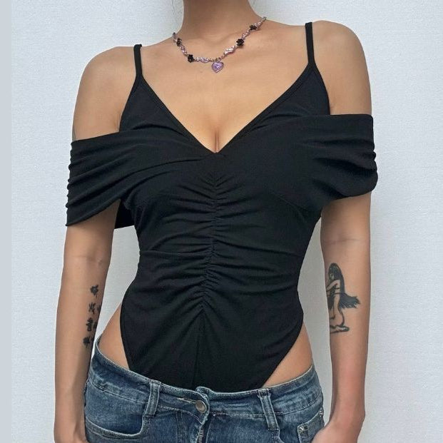 Fall Glamour: Ruched V-Neck Off-Shoulder Bodysuit - Chic & Flattering for Nights Out