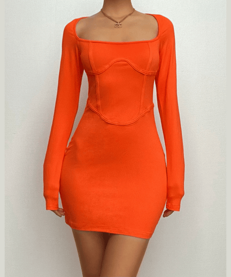 Fiery Orange Corset Detail Bodycon Mini Dress | Square Neck Long Sleeve Fall Party Essential