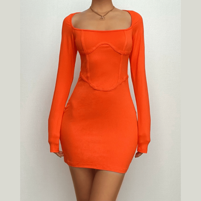 Fiery Orange Corset Detail Bodycon Mini Dress | Square Neck Long Sleeve Fall Party Essential
