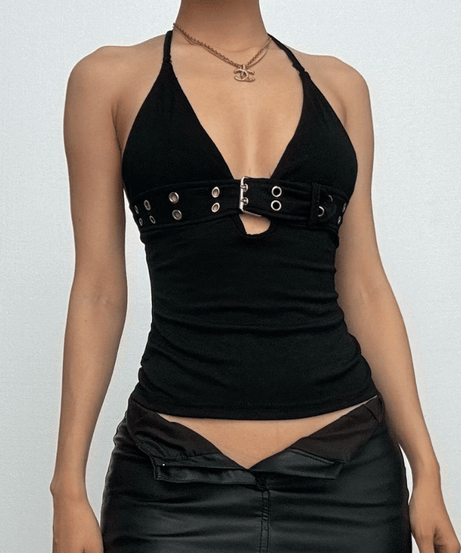 Fall Nights Out: Edgy Buckle & Grommet Plunge Halter Top - Y2K Fashion