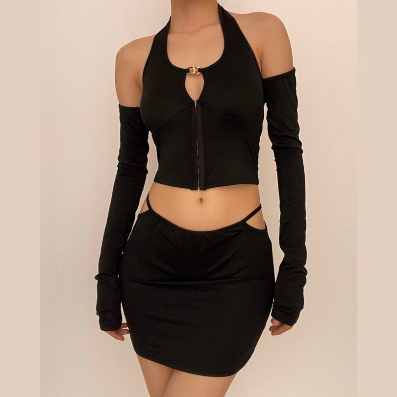 Dark Romance Halter Long Sleeve & Cutout Mini Skirt Set - Your Edgy Fall Night Out Look